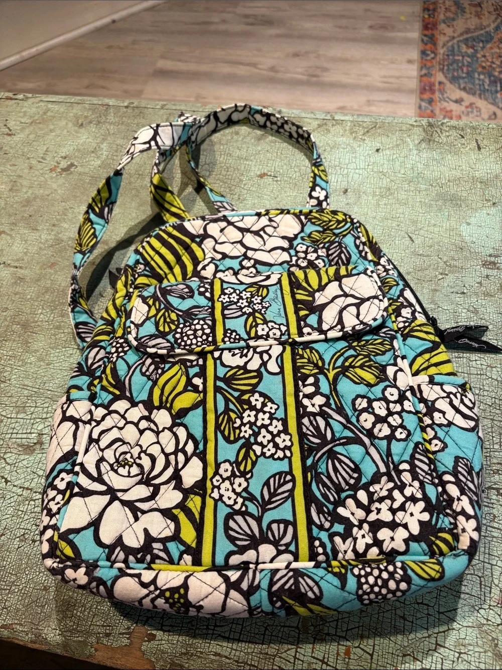 Vera Bradley Island Blooms Quilted Backpack Turquoise Lime White Floral